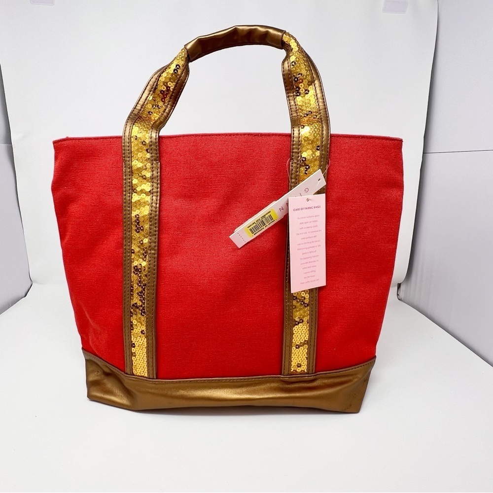 Gianni Bini Orange canvas tote with gold tone sequins handles new with t…
